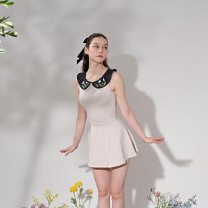 Vintage Swimsuit, One Piece Swimsuit, 1960s Swimsuit, White Swim dress with Tulips Peter pan collar Details, Retro Swimsuit