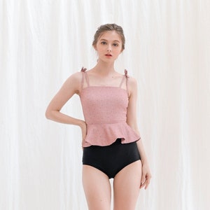 Vintage Swimsuit, One Piece Swimsuit, 1950s Swimsuit, Pink Tulips Swimsuit with Peplum Details, Vintage Bathing Suit, Retro Swimsuit