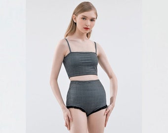 Vintage Swimsuit, Two Piece Swimsuit, 1950s Swimsuit, Gingham Swimsuit Black and White, Retro Swimsuit, High Waisted Swimsuit