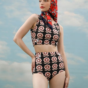 Vintage Swimsuit, Two Piece Swimsuit, 1960s Swimsuit, Retro Swimsuit with Geometric Floral Prints & Piping Button Details, Retro Swimsuit image 3