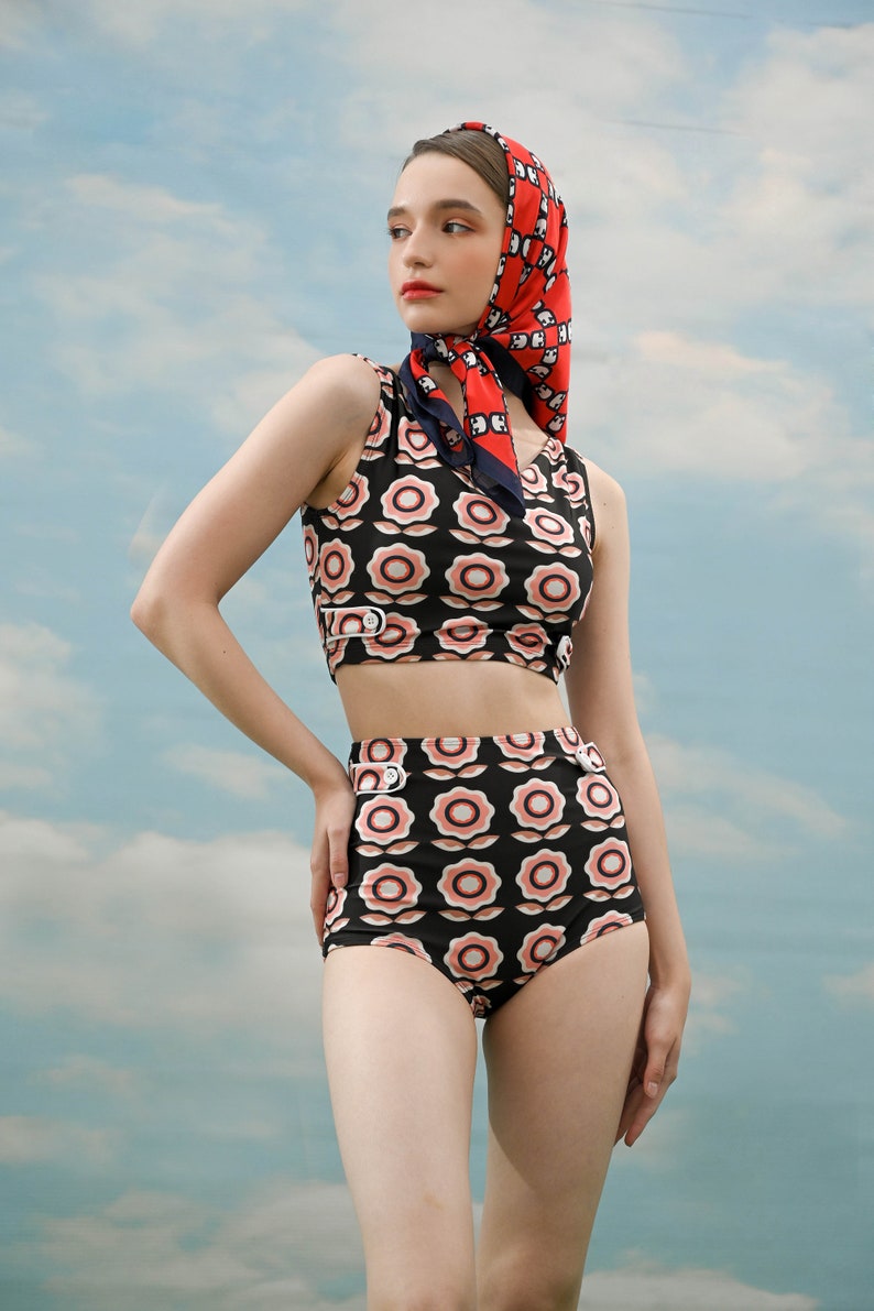 Vintage Swimsuit, Two Piece Swimsuit, 1960s Swimsuit, Retro Swimsuit with Geometric Floral Prints & Piping Button Details, Retro Swimsuit image 3