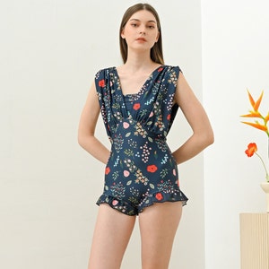 Vintage Swimsuit, One Piece Swimsuit, 1960s Swimsuit, Retro Swimsuit with Midnight Floral Prints, Retro Swimsuit