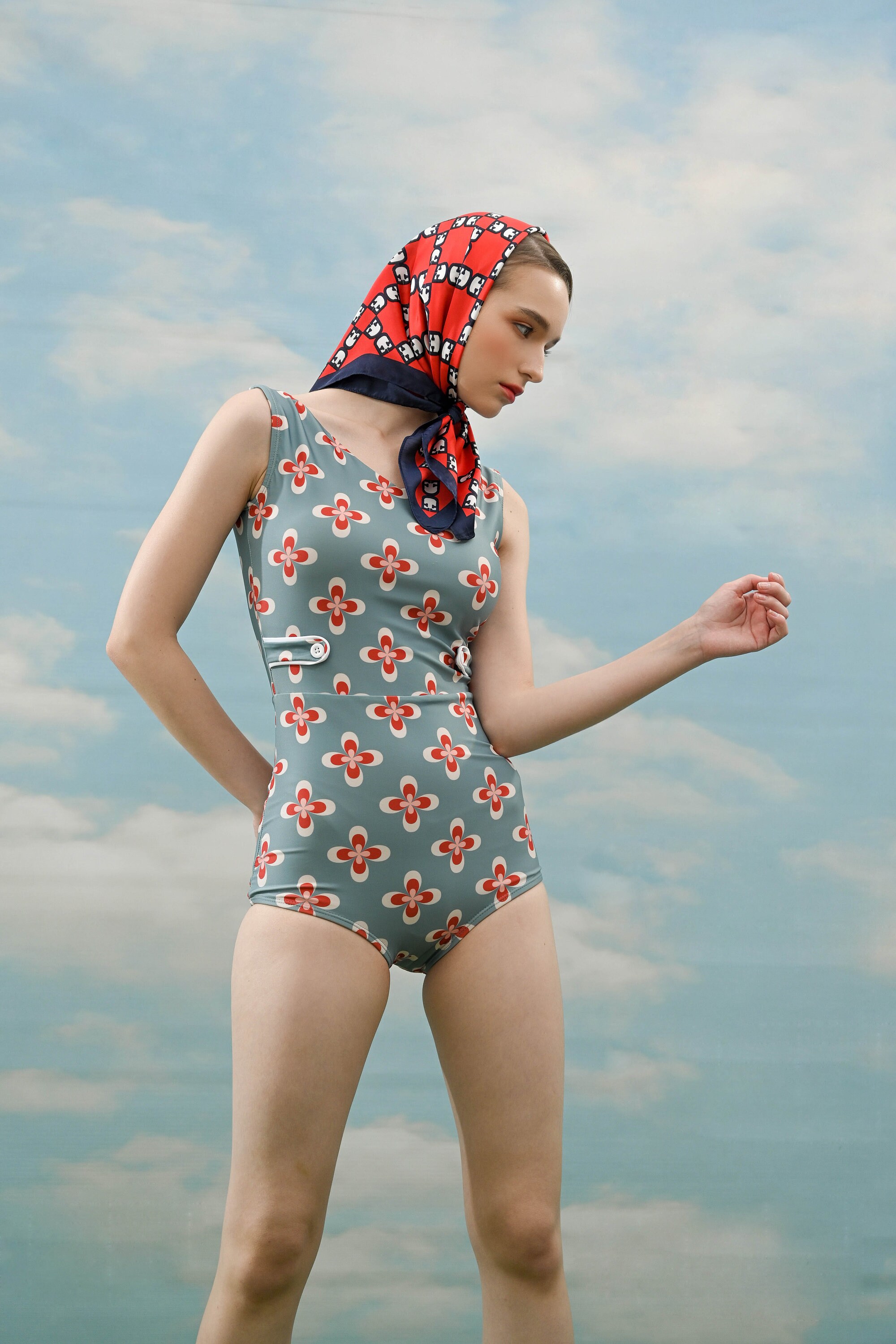 1960s One Piece Swimsuit, Geometric Floral Print, Retro Bathing