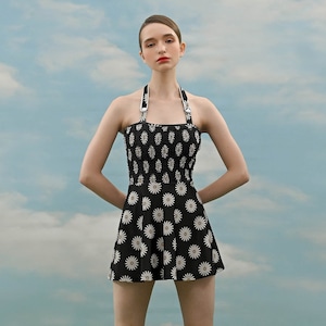 Vintage Swimsuit, One Piece Swimsuit, 1960s Swimsuit, Black Swimdress with Daisy Floral Prints & Smocking Details, Retro Swimsuit