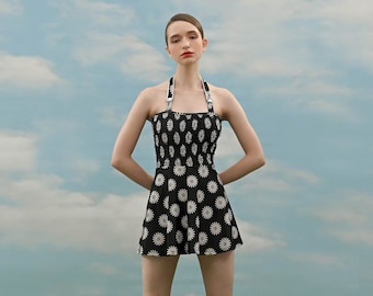 Vintage Swimsuit, One Piece Swimsuit, 1960s Swimsuit, Black Swimdress with Daisy Floral Prints & Smocking Details, Retro Swimsuit