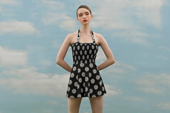 retro swim dress Womens One Piece Swimsuit Sugar Thrillz Medium Rise Package Content Vintage Inspired Swimdress, Black With