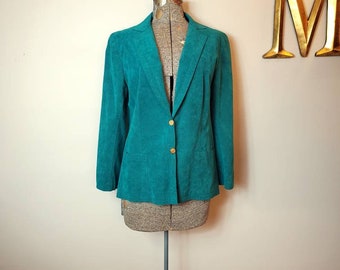 Vintage 80s Ultrasuede Jade Green Lined Faux Suede Blazer with Goldtone Metal Buttons