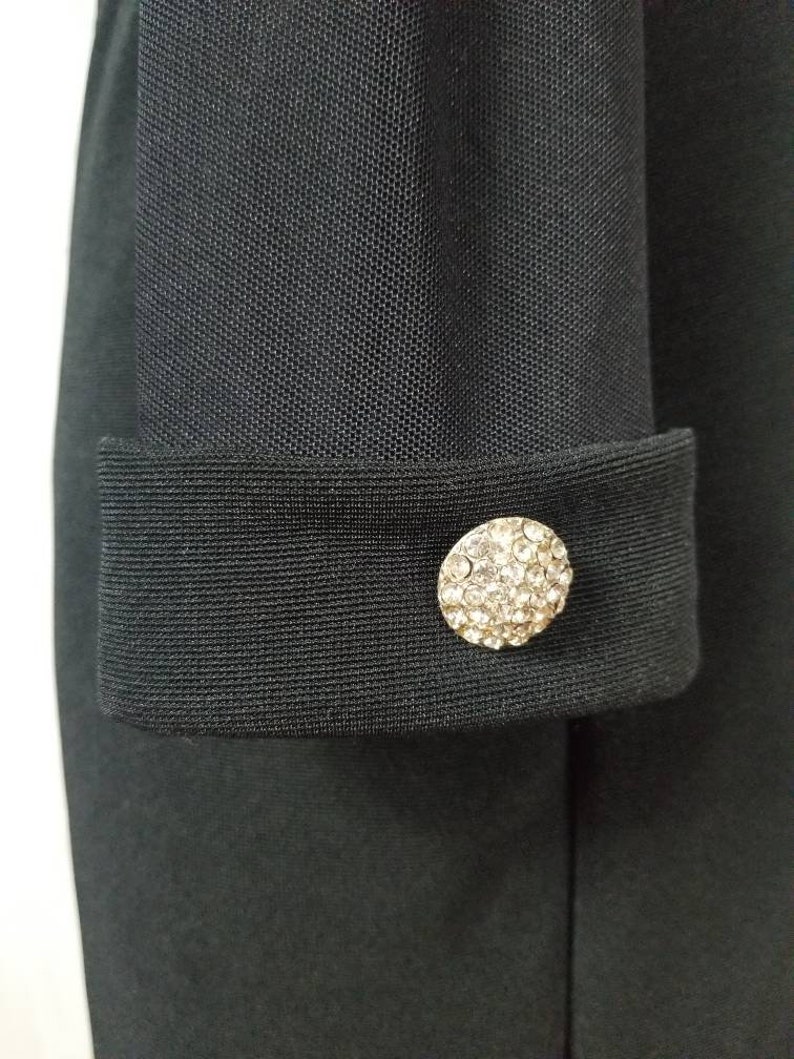 Vintage 80s Night Way Collections Black Body Con Mini Dress Sheer Sleeves and Bodice Silver and Rhinestone Buttons on Cuffs 10