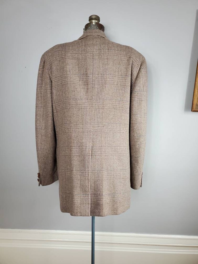 Vintage 90s Hart Schaffner & Marx Brown Plaid Tweed Sport Coat with Woven Leather Buttons image 3