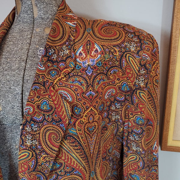 Vintage 80s Liz Claiborne Silk Paisley Unlined Long Blazer / Jacket w/ One Button Closure (Vintage Size 12)