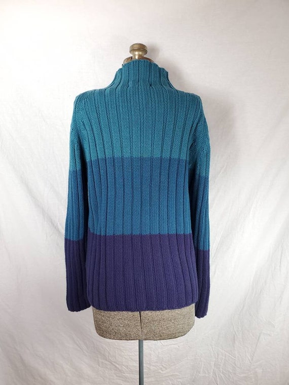 Vintage 90s Eddie Bauer Blue Colorblock Mock Neck Chunky Ribbed 