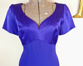 Vintage 80s / 90s Liz Claiborne Night Purple Blue Short Sleeve Formal Maxi Dress w/ Off Center Front Slit (Vintage Size 6)