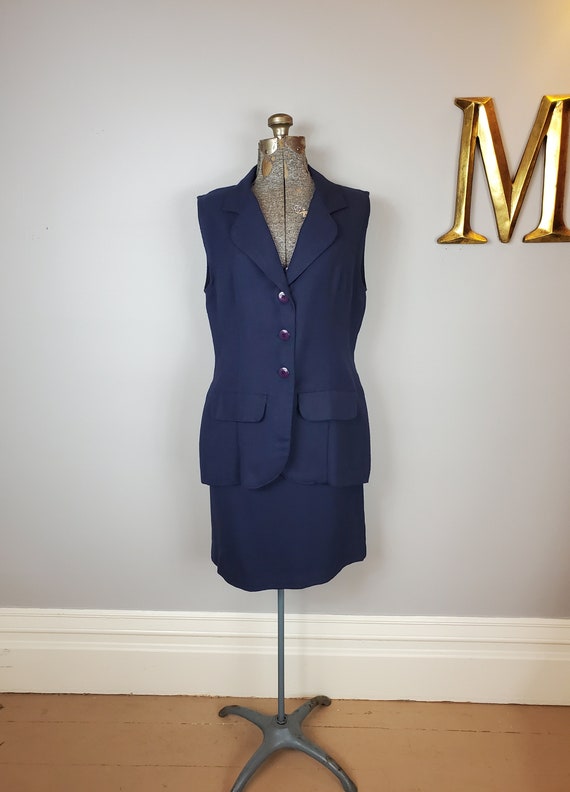 Vintage 80s Greg Adams Petites Navy Blue Lined Vest and Skirt 2 piece Suit vintage Size 12 Etsy