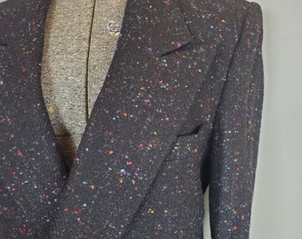 Vintage 80s Daniel Hechter Black Wool Tweed Double-Breasted Sport Coat with Colorful Specks