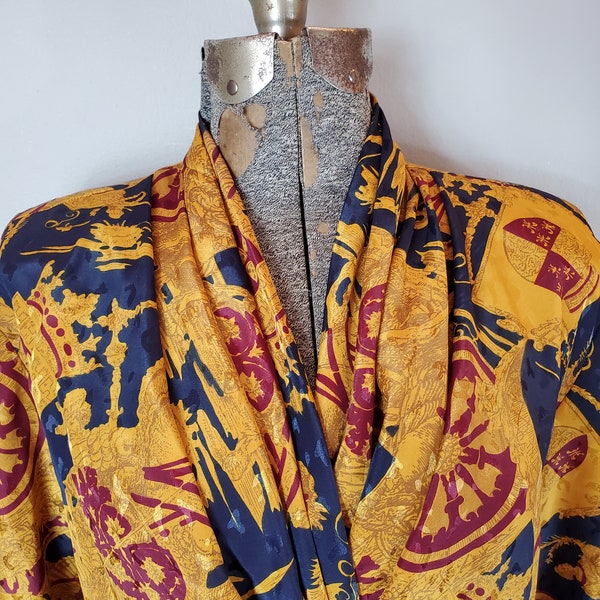 Vintage 90s Casual Corner & Co. Gold, Navy and Burgundy Embossed Heraldry Print Double Breasted Gathered V-Neck Blouse (Vintage Size 10)