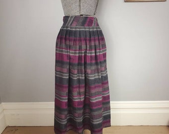 Vintage 80s Diane Von Furstenberg Magenta, Gray & Black Indian Blanket Striped Wool Blend Midi Skirt (12)