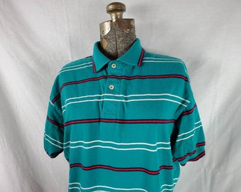 Vintage 90s Izod Cotton Teal Golf Polo w/ Blue, Red and White Stripes (M)