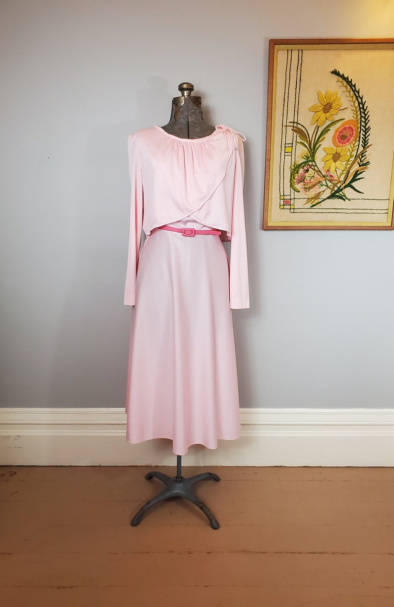 Vintage 80s Blush Pink Chiffon THE JONES GIRL Pleated Tiered Flowy Long Sleeve Dress
