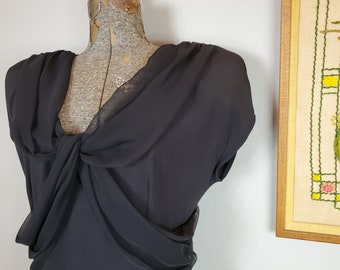 Vintage 80s D.B.A. - L.A. Black Cocktail Dress / Party Dress w/ Back Tie and Capped Sleeves (Vintage Size 11)
