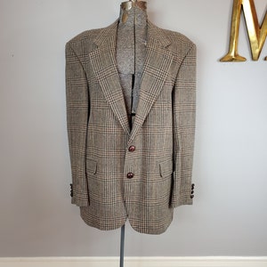 Vintage 80s / 90s Glencarlyn Houndstooth Plaid Wool Tweed Sport Coat w/ Woven Leather Buttons (42R)