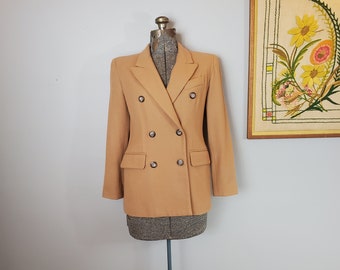 Vintage 80s Clifford & Wills Petites Tan Wool Womens Double Breasted Blazer (Vintage Size 2P)