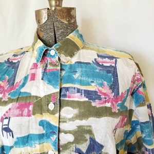 Vintage 80s Cherokee Tropical Beach Scene Oversized Short Sleeve Blouse w/ Two Chest Pockets (M)