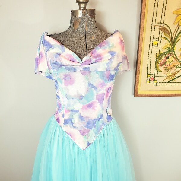 Vintage 80s Tulle and Pastel Watercolor Bodice Off-Shoulder Party / Prom Dress