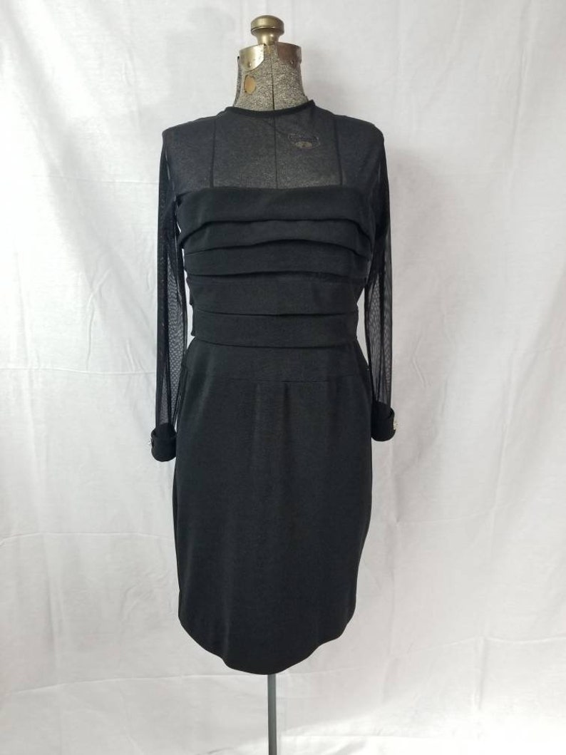 Vintage 80s Night Way Collections Black Body Con Mini Dress Sheer Sleeves and Bodice Silver and Rhinestone Buttons on Cuffs 10