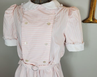 Vintage 80s Handmade Pink and White Ticking Striped Double Breasted Dress w/ Belt and Cuffed Short Sleeves / Lace Trim