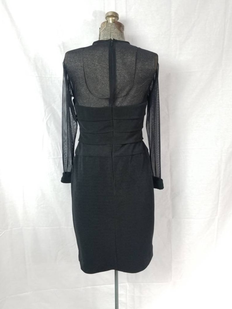 Vintage 80s Night Way Collections Black Body Con Mini Dress Sheer Sleeves and Bodice Silver and Rhinestone Buttons on Cuffs 10