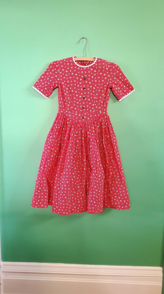 Vintage 50s Girls Calico Cotton Dress w/ Ric Rac … - image 3