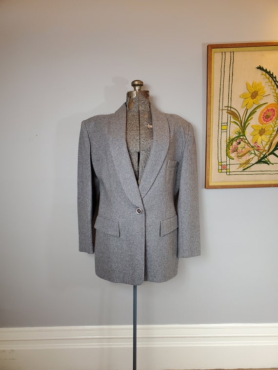 Vintage 80s Rafael Gray Wool Shawl Collar Blazer W/ One