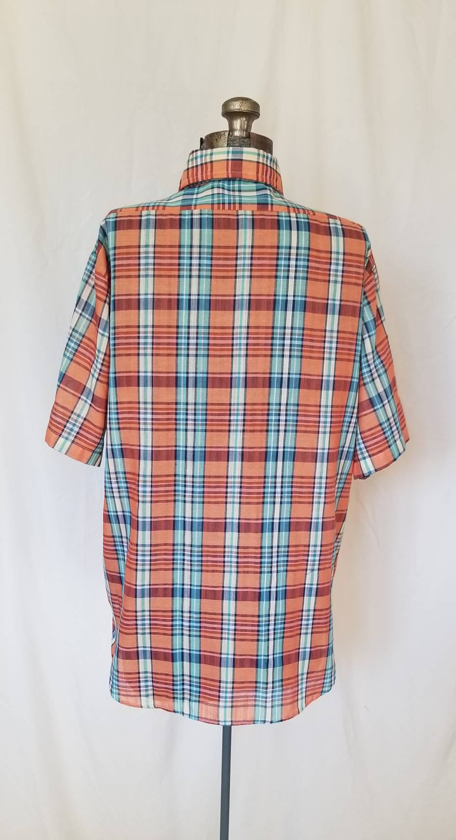 Vintage 70s Kingsport Orange / Blue Plaid Short Sleeve Button - Etsy
