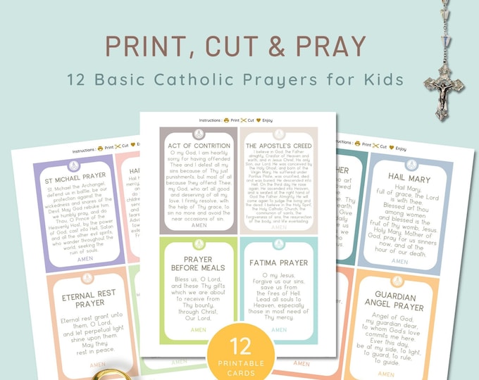 Set of 12 Traditional Catholic Prayer Cards for Children | First Communion Prayers | Printable Prayers for Catholic Kids | Catechism Helpers
