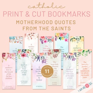 Catholic Saint Quote Bookmarks: Watercolor Floral Motherhood Gift (PDF)