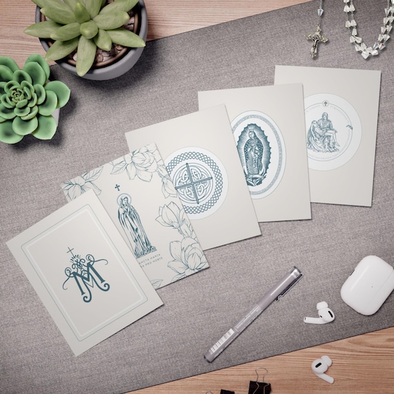 Catholic Greeting Card Set - Pack of 5 Designs with Envelopes | Vintage Blue Art | Cards for First Communion, Confirmation, Holy Orders