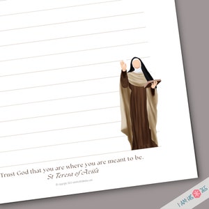 Close up of the bottom right corner of the printable stationery. St Teresa of Avila is shown with a quote on the bottom of the printable writing paper. Clean and elegant design with fully lined page for writing.