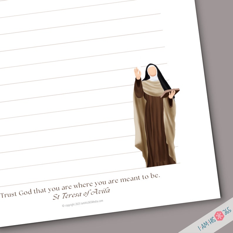 Close up of the bottom right corner of the printable stationery. St Teresa of Avila is shown with a quote on the bottom of the printable writing paper. Clean and elegant design with fully lined page for writing.