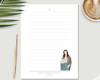 Afdrukbaar briefpapier katholieke heiligen | Katholiek briefpapier | Gelinieerd briefpapier met heilige citaten voor schrijven, journaling, notities en lijsten