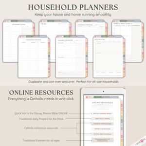 May include: A digital planner with colorful tabs for organizing household tasks. The planner includes sections for important dates, to-do lists, cleaning checklists, password trackers, recipes, and weekly meal plans. The image also shows a tablet with a list of online resources for Catholics.
