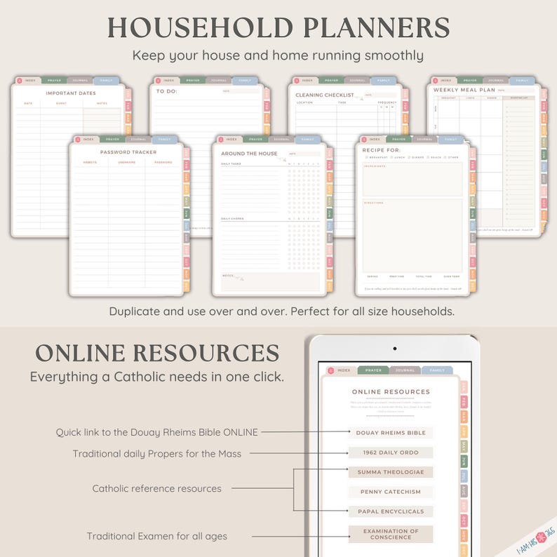 May include: A digital planner with colorful tabs for organizing household tasks. The planner includes sections for important dates, to-do lists, cleaning checklists, password trackers, recipes, and weekly meal plans. The image also shows a tablet with a list of online resources for Catholics.