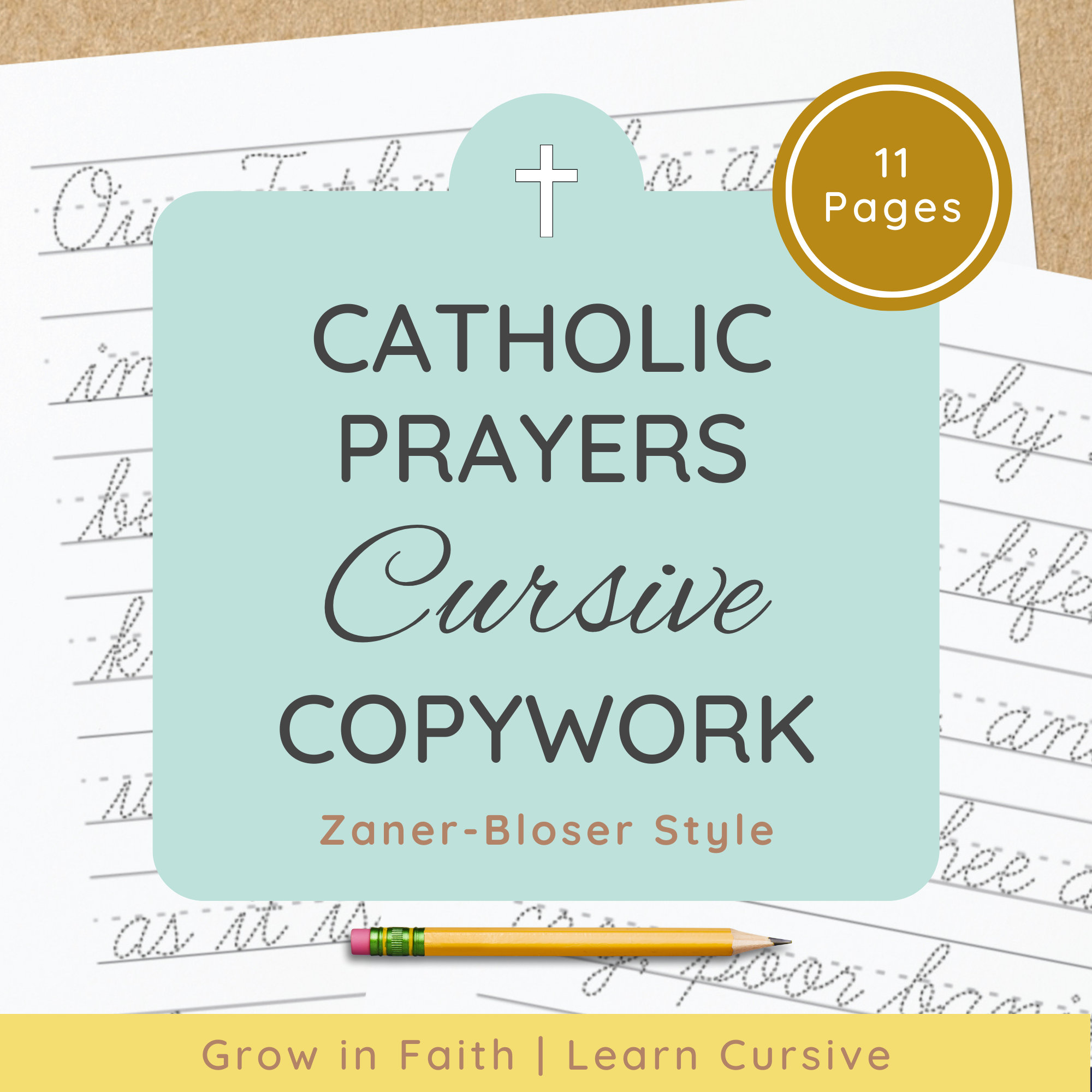 Catholic cursive worksheets for memorizing 6 basic prayers practicing