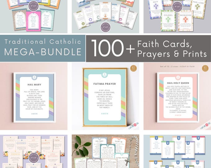 Printable Catholic Catechism Bundle | 78 Catechism Cards | 12 Prayer Prints | 12 Kids Prayer Cards | Homeschool Bundle | Classroom Decor