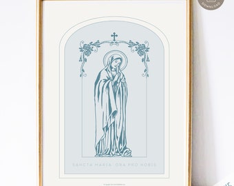 Heilige Maria bete für uns - druckbare katholische Wand Kunst, katholische Wohnkultur, digitaler katholischer Kunstdruck, gesegnete Mutter Kunst in Blau