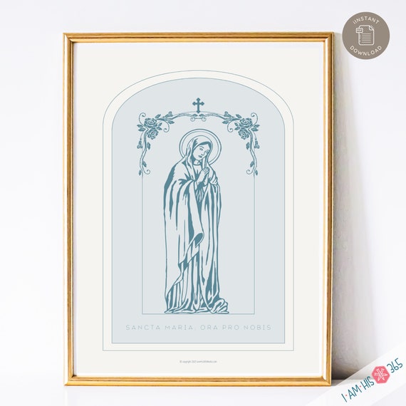 Holy Mary Pray for Us - Printable Catholic Wall Art Print, Catholic Home Decor, Digital Catholic Art Print, Blessed Mother Art in Blue