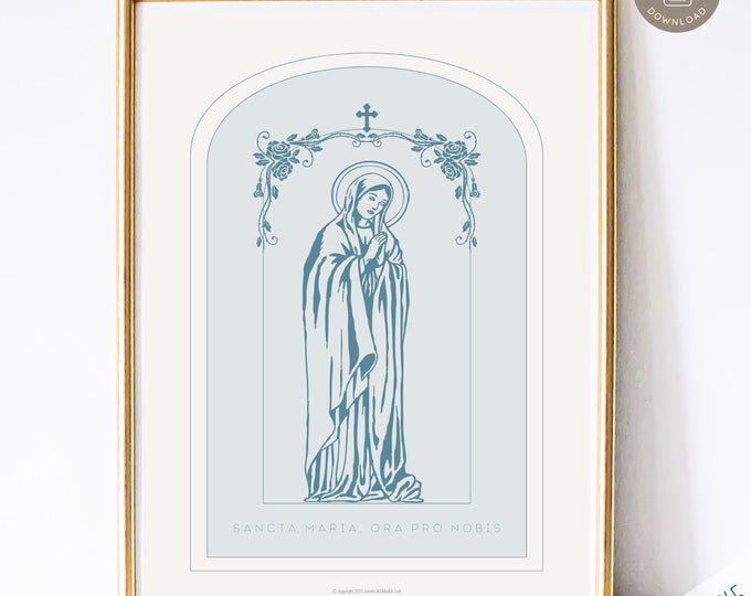 Holy Mary Pray for Us - Printable Catholic Wall Art Print, Catholic Home Decor, Digital Catholic Art Print, Blessed Mother Art in Blue
