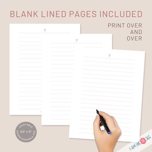 Included are blank lined pages to print over and over. Three lined pages are shown with a womans hand and pen writing on the printable stationery pages.