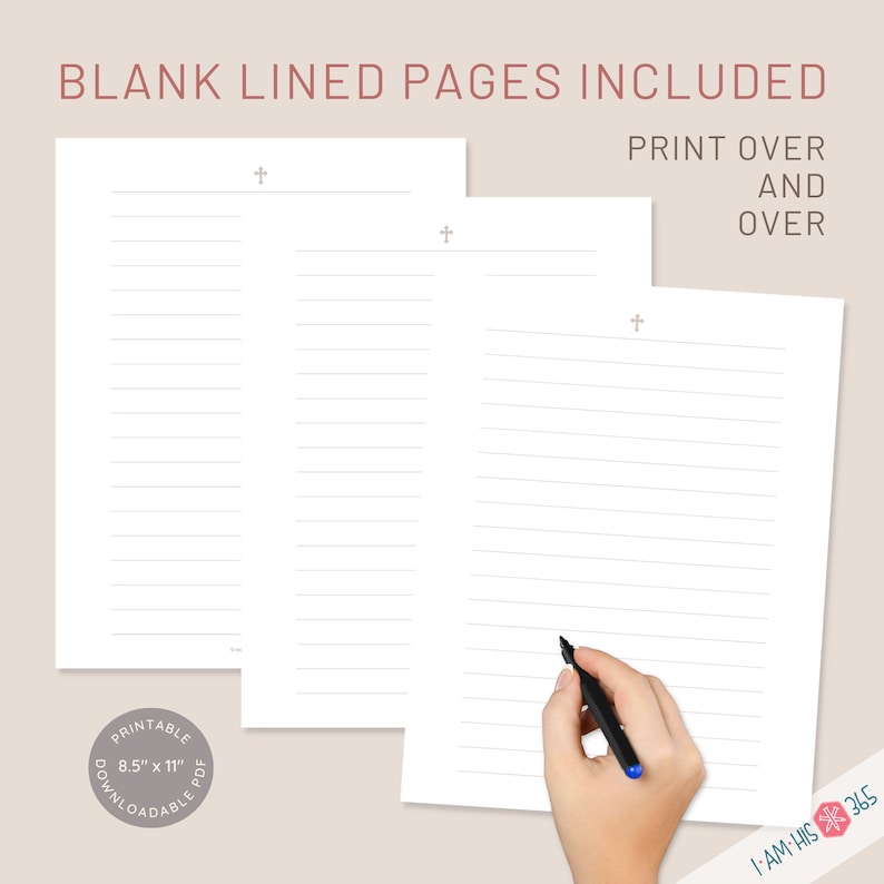 Included are blank lined pages to print over and over. Three lined pages are shown with a womans hand and pen writing on the printable stationery pages.
