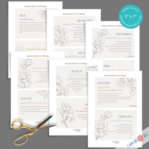 May include: Printable 5x7 inch PDF download of 12 monthly prayer cards featuring a magnolia flower design and a dedication to a different saint or religious theme for each month. The cards include the text "I AM HIS 365" and instructions to print, cut, and enjoy.