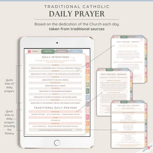 May include: A digital tablet screen displaying a daily prayer guide with a pink, peach, and yellow color scheme. The guide includes a daily prayer intention for each day of the week, traditional daily prayers, and a section for the Holy Rosary.